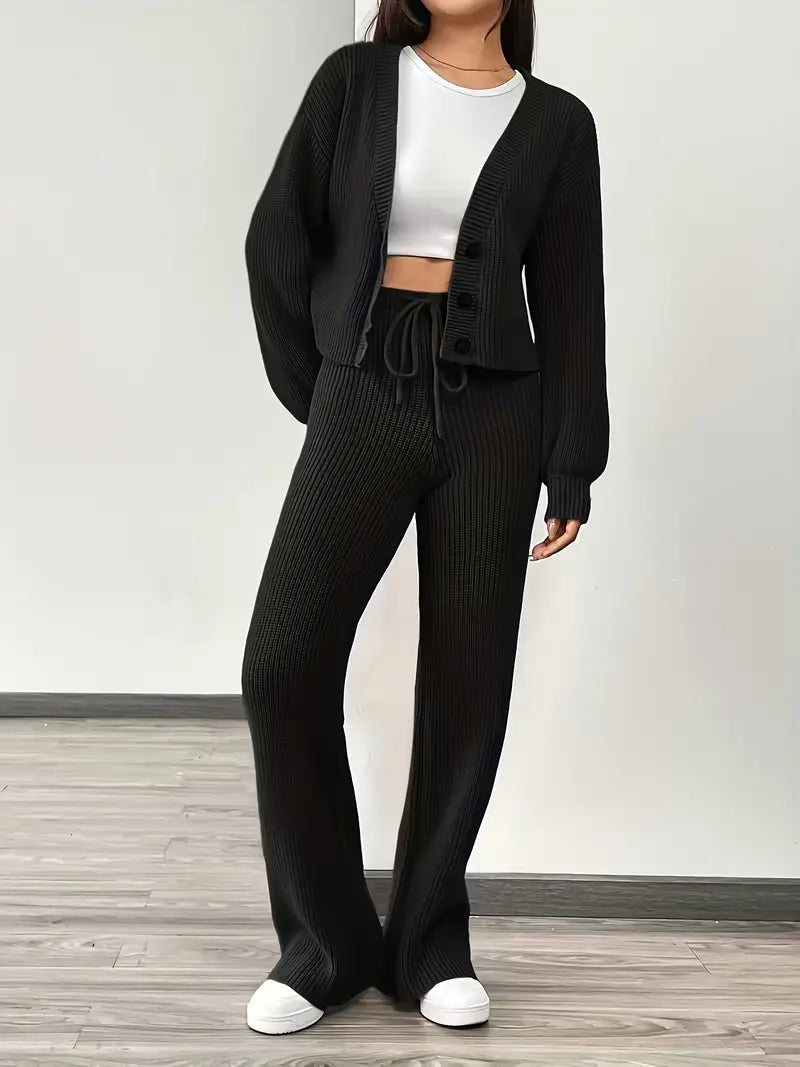 Knit V-Neck Cardigan & Wide Leg Pants Set - Casual Tracksuit