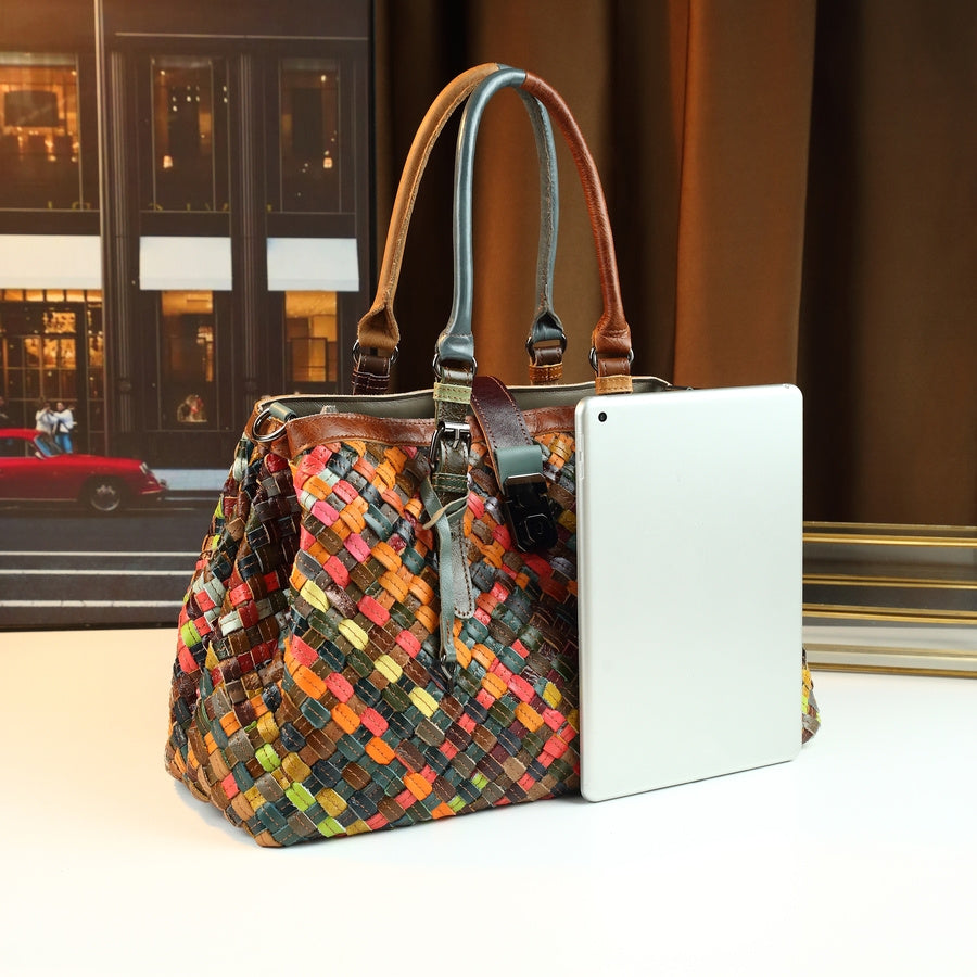 Leather Handbag - Versatile Plaid Tote