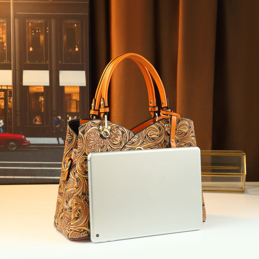 Retro Embossed Floral Handbag in Deep Purple