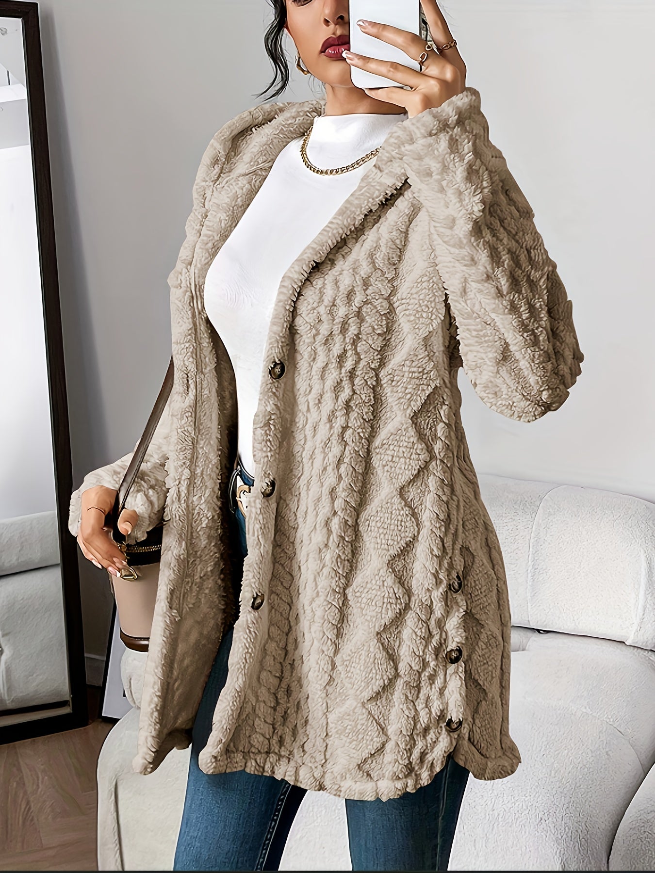 Warm Argyle Jacquard Plush Hooded Cardigan Coat