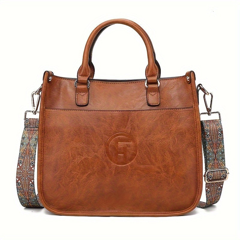 Retro Solid Color Handbag with Wide Boho Strap