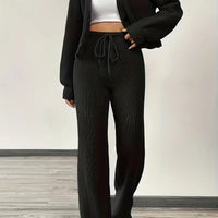 Knit V-Neck Cardigan & Wide Leg Pants Set - Casual Tracksuit