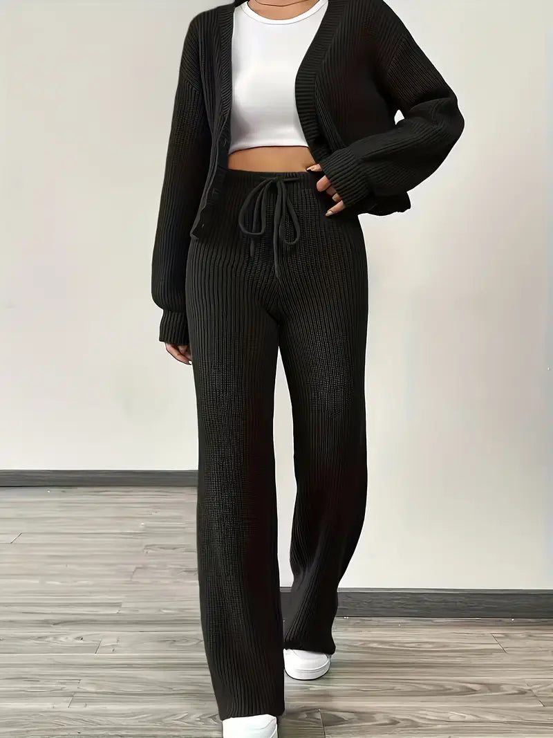 Knit V-Neck Cardigan & Wide Leg Pants Set - Casual Tracksuit