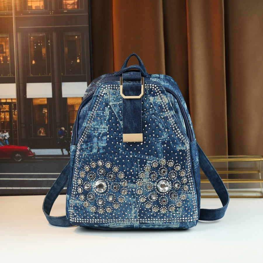 Mini Denim Backpack | Rhinestone Sunflower Embellished