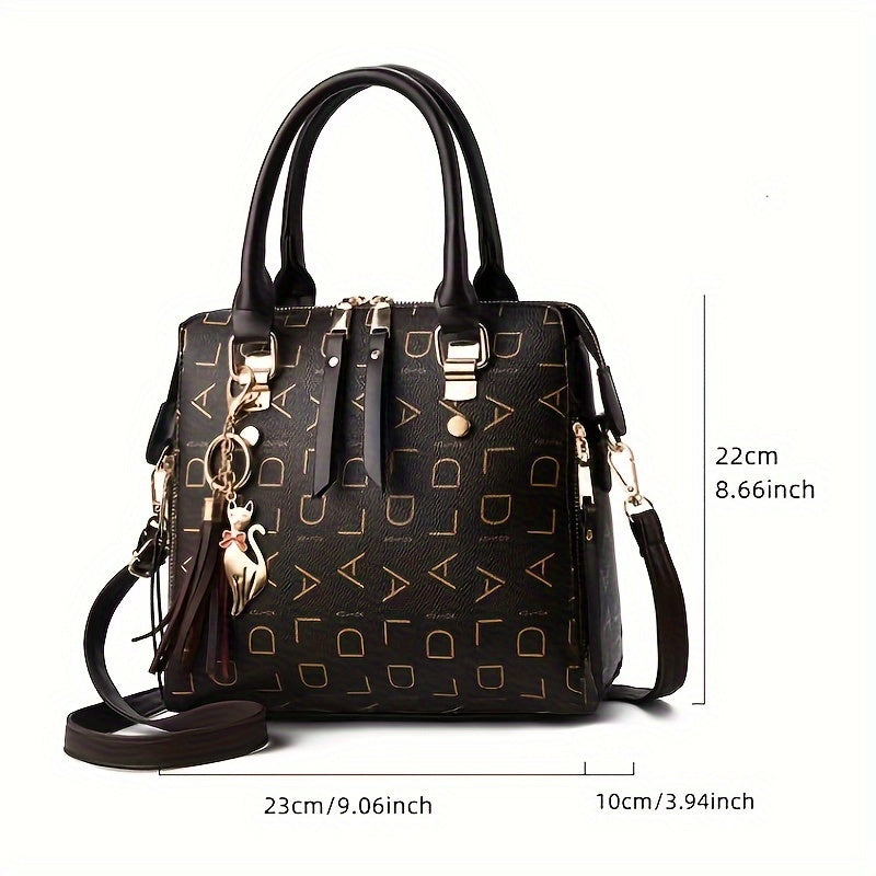 Letter-Print Crossbody with Tassel Charm