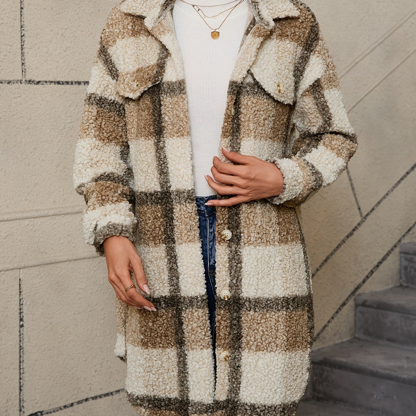 Fuzzy Plaid Button | Long Length Lapel Thermal Jacket
