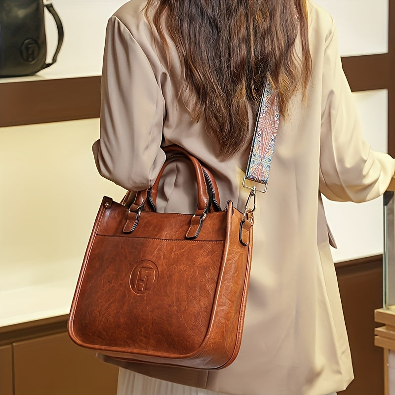 Retro Solid Color Handbag with Wide Boho Strap