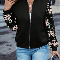 Elegant Floral Print Zip-Up Jacket | Baseball Collar