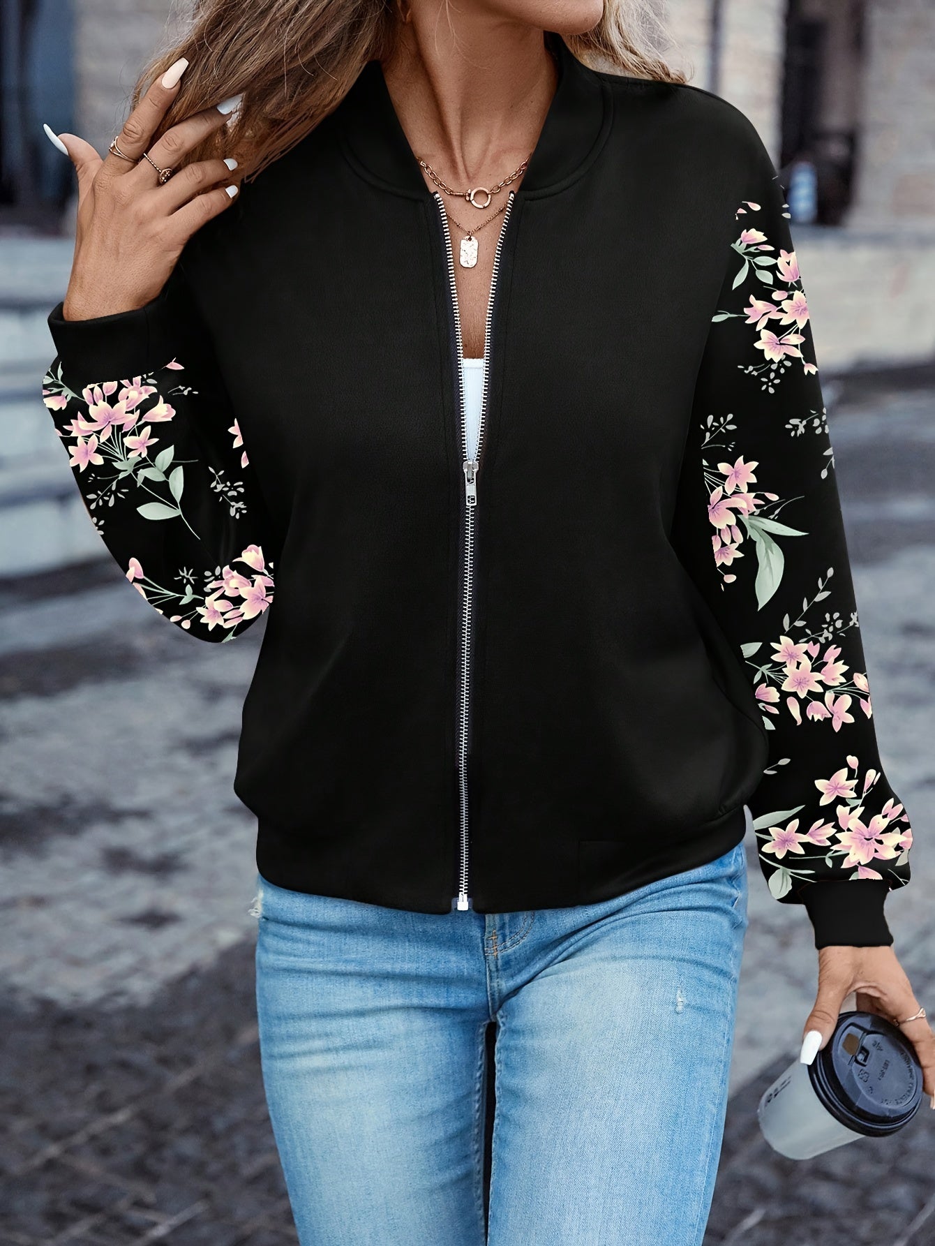 Elegant Floral Print Zip-Up Jacket | Baseball Collar