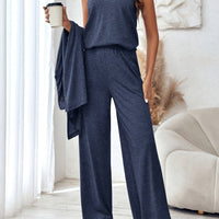 Solid Color Strap Top and Pants and Cardigan, Lightweight Cardigan