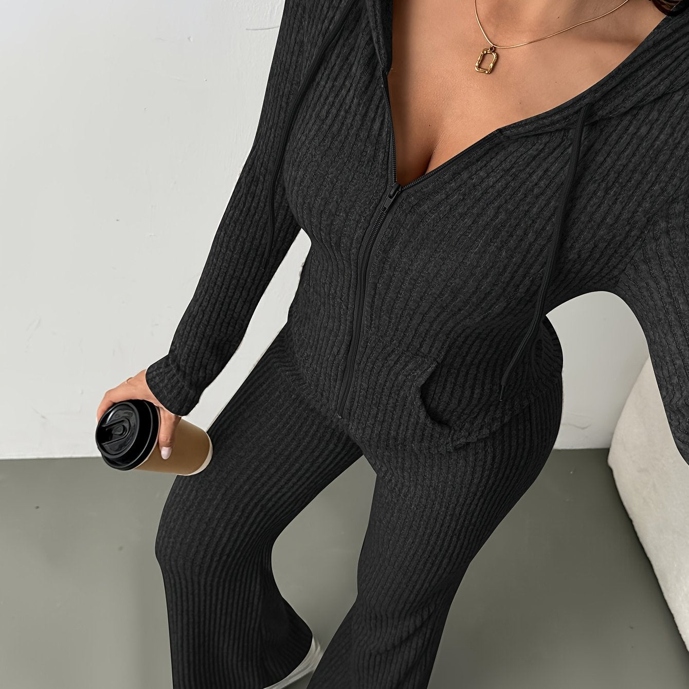 2pcs Set Women's Solid Color Hooded Zipper Top and Casual Trousers