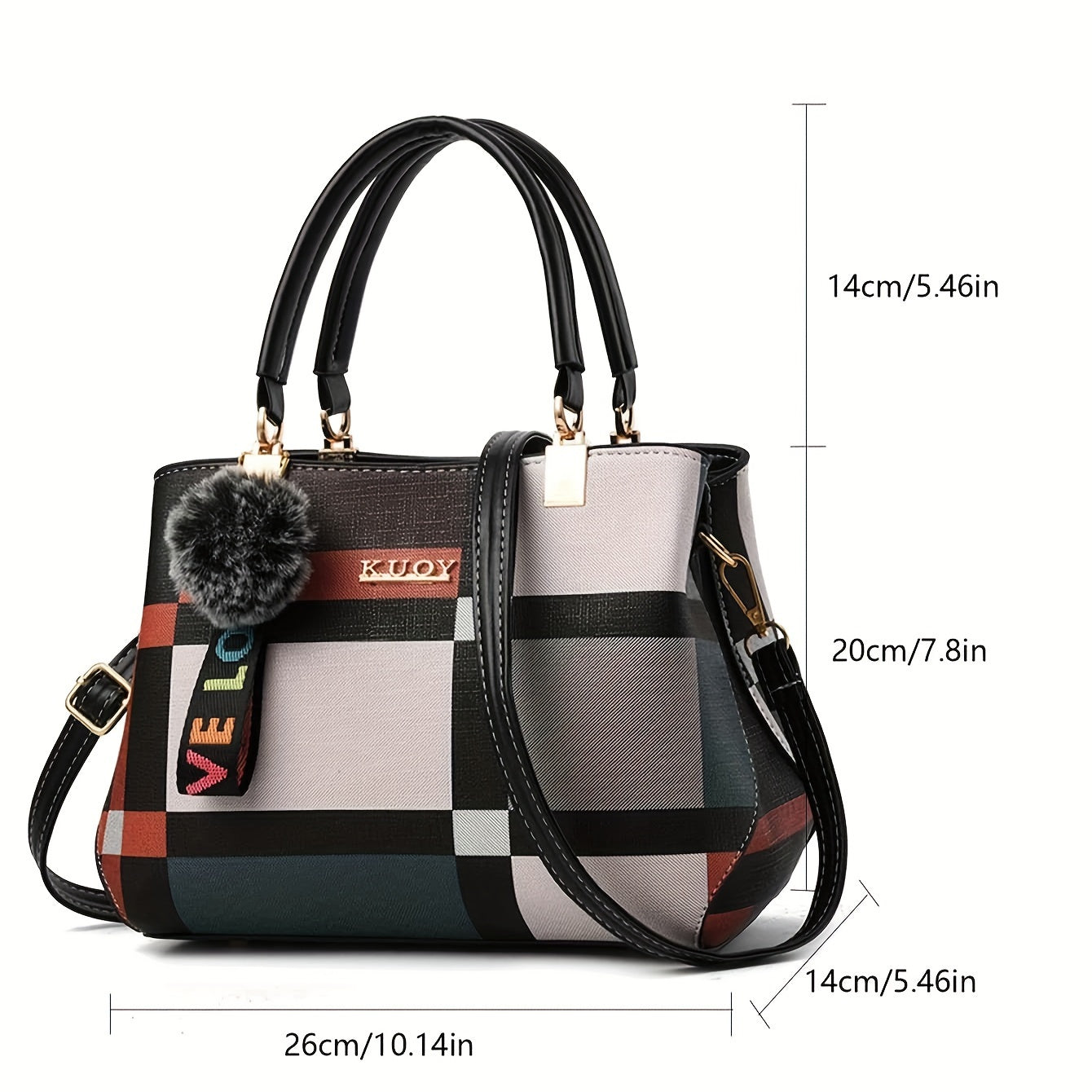 Small Plaid Handbag with Pom-Pom (Multi-Layer)