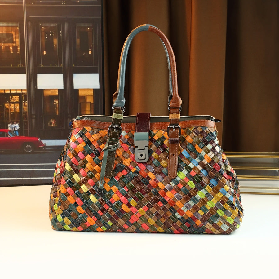 Leather Handbag - Versatile Plaid Tote