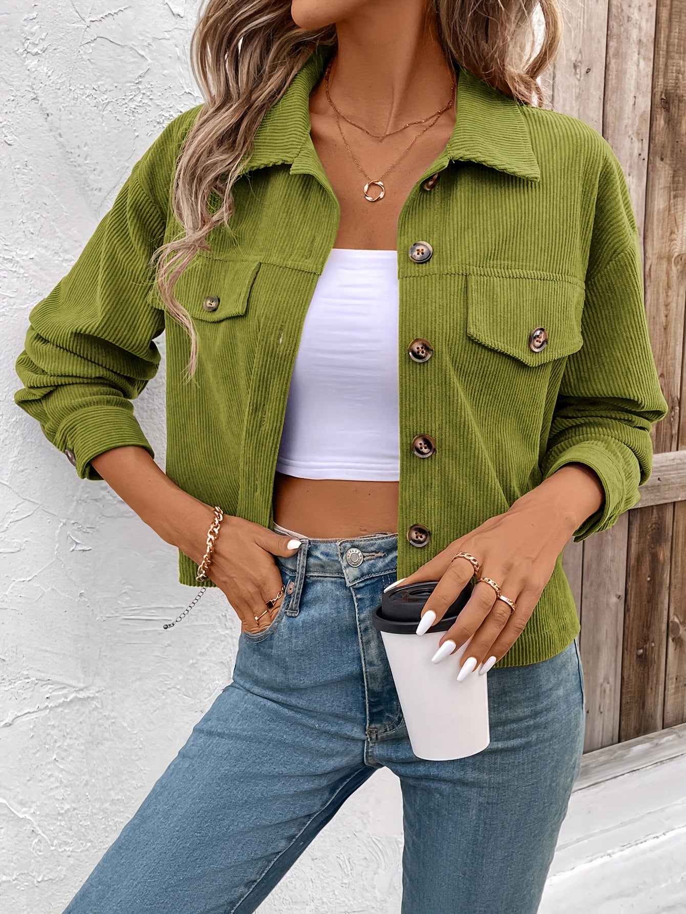 Chic Light Corduroy Button-Up Jacket with Ribbed Cuffs