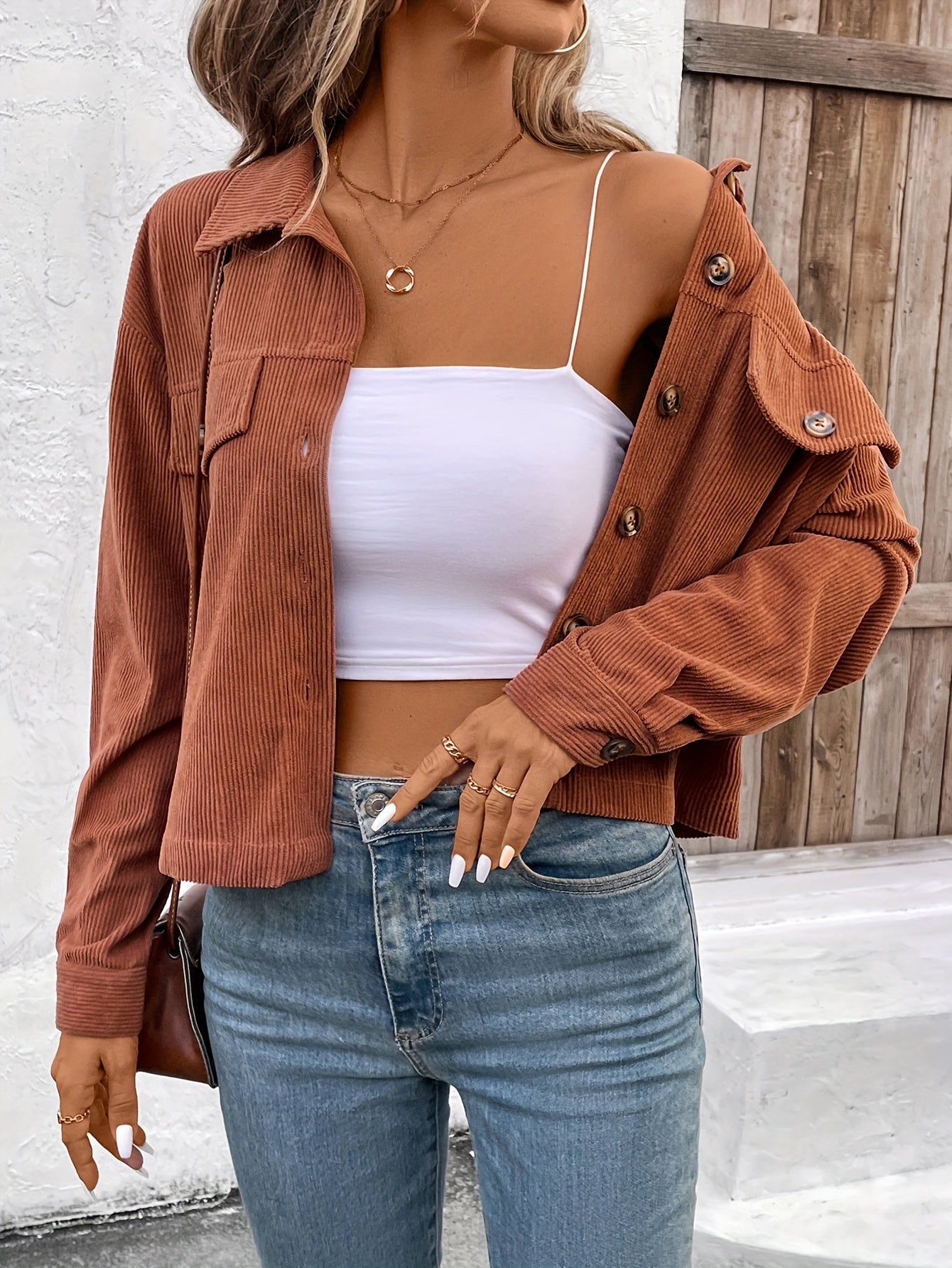 Chic Light Corduroy Button-Up Jacket with Ribbed Cuffs