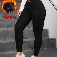 Fleece Lined High Waist Skinny Jeans - High Stretch Button Fly