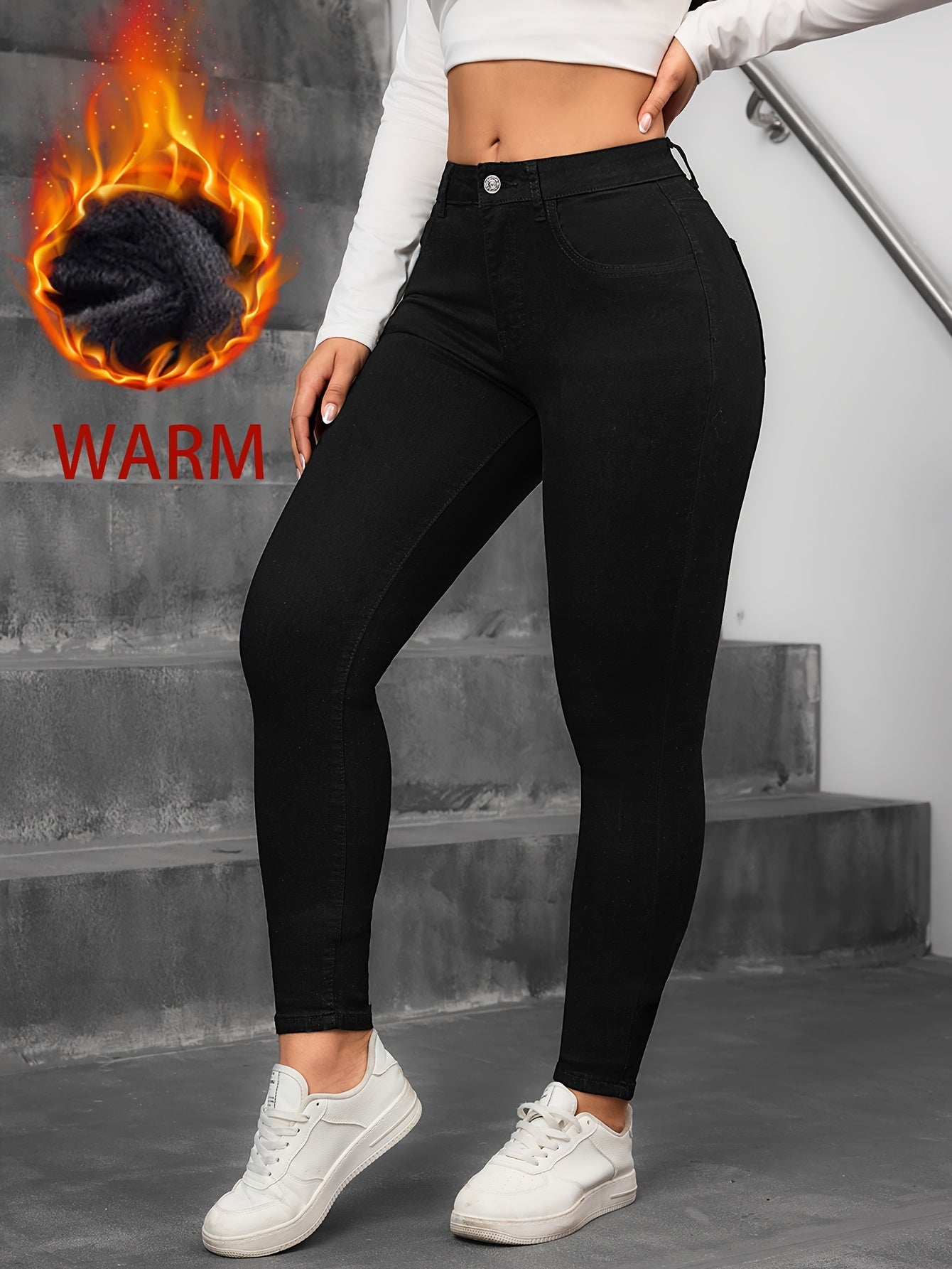 Fleece Lined High Waist Skinny Jeans - High Stretch Button Fly