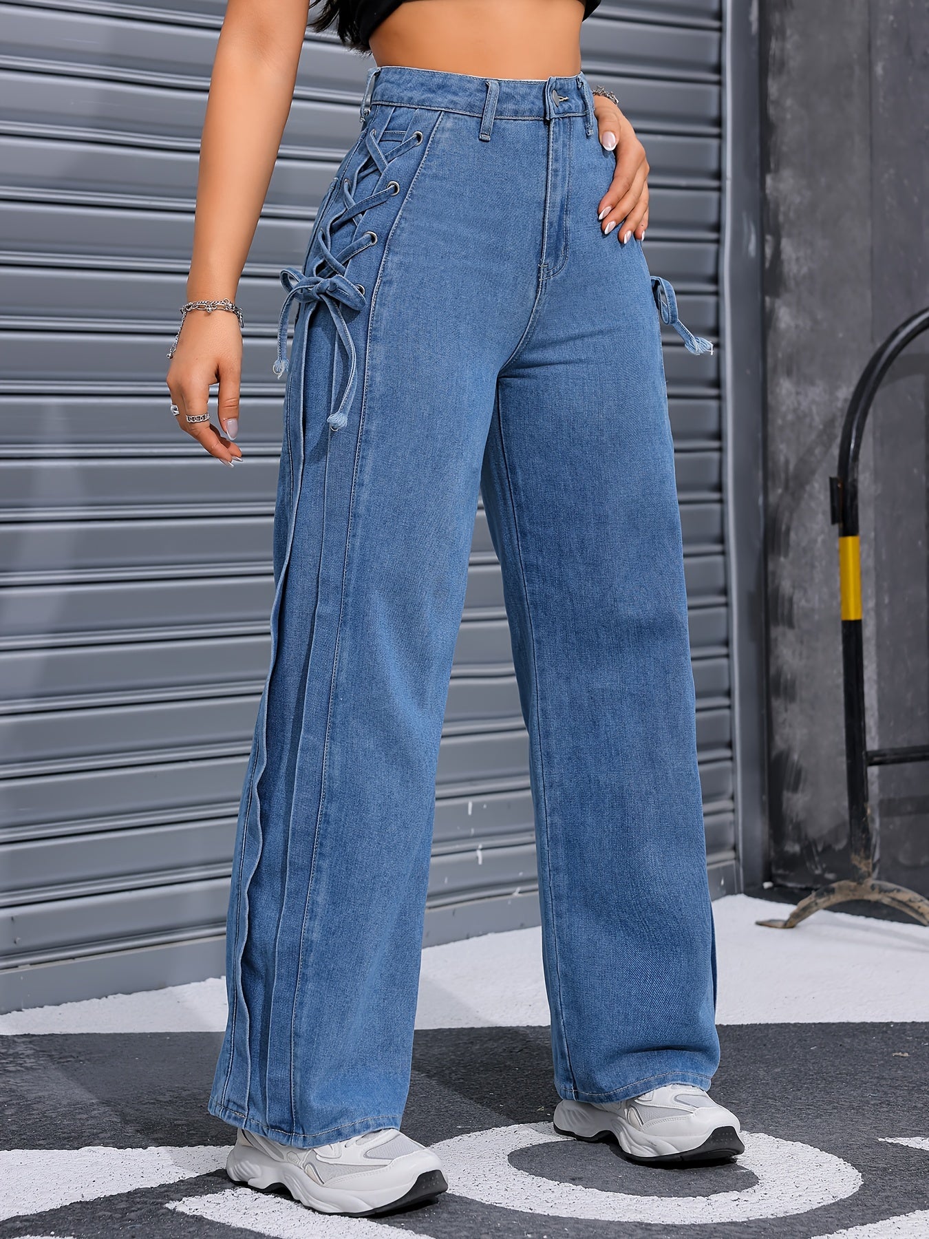 Wide-Leg Streetwear Pants with Lace-Up Tie - Oversized Rayon