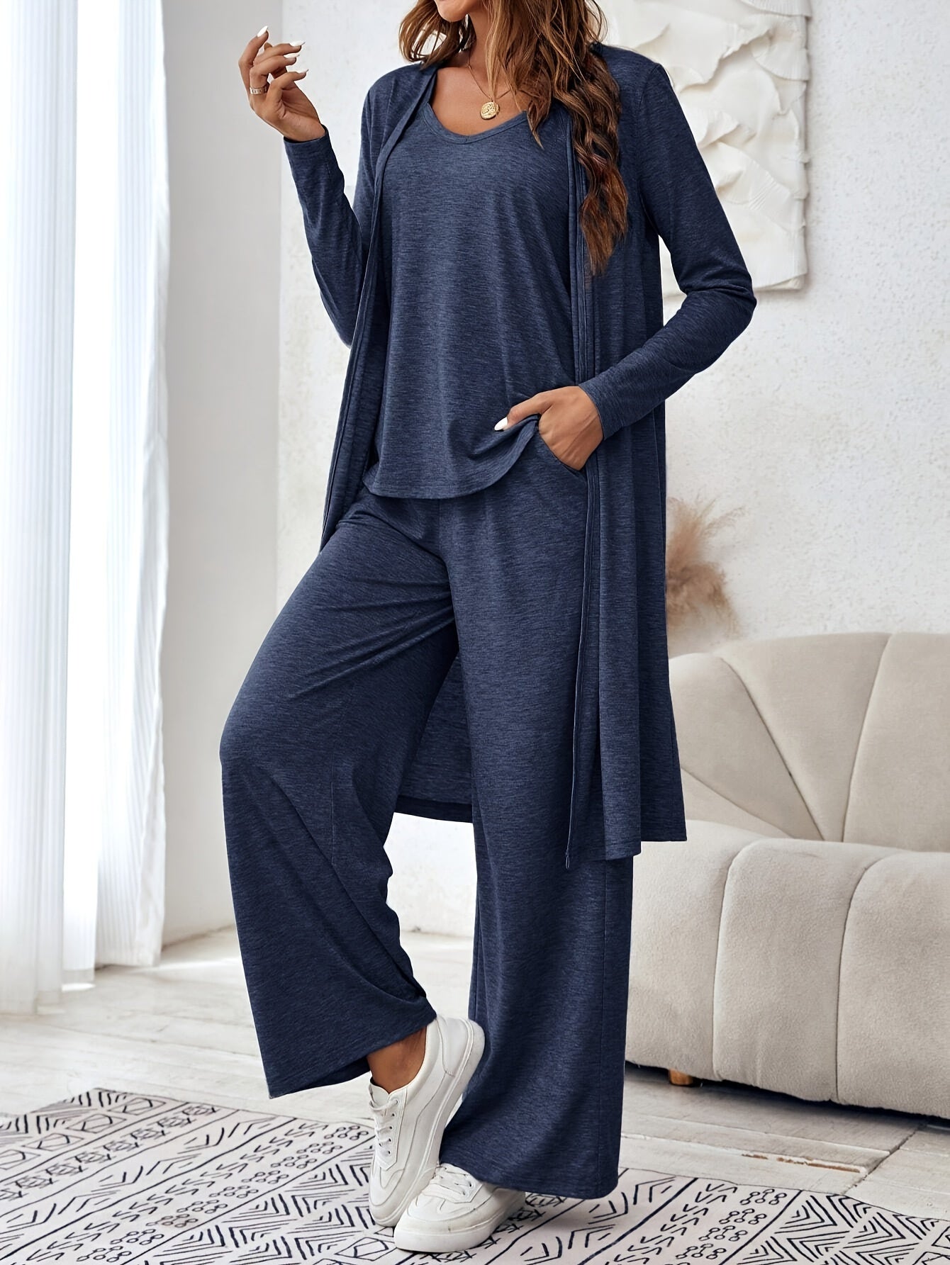 Solid Color Strap Top and Pants and Cardigan, Lightweight Cardigan