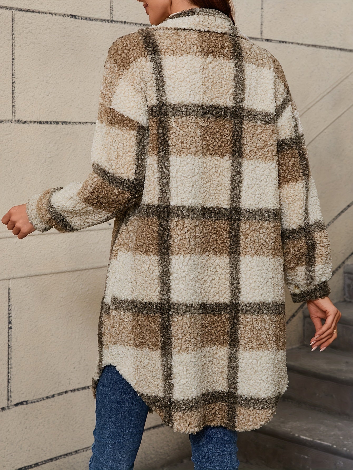 Fuzzy Plaid Button | Long Length Lapel Thermal Jacket