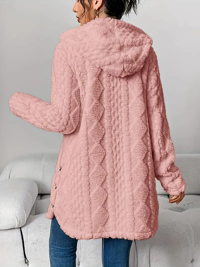 Warm Argyle Jacquard Plush Hooded Cardigan Coat