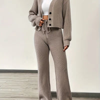 Knit V-Neck Cardigan & Wide Leg Pants Set - Casual Tracksuit