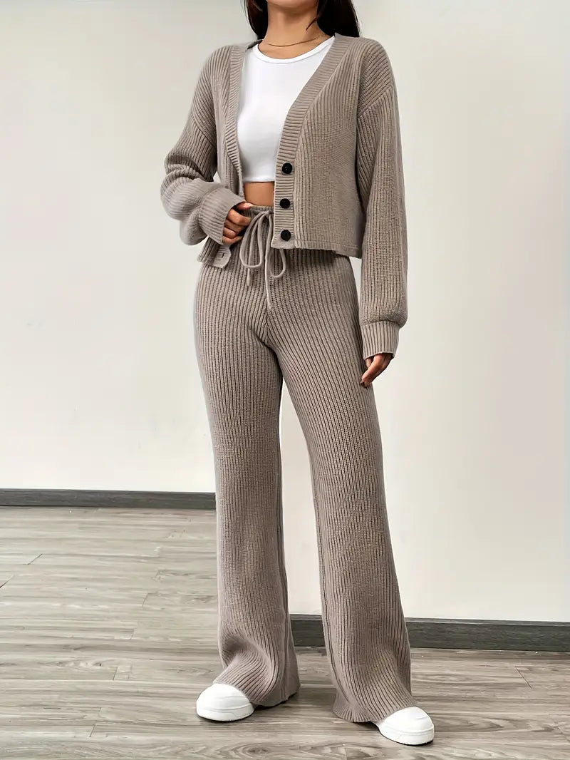 Knit V-Neck Cardigan & Wide Leg Pants Set - Casual Tracksuit