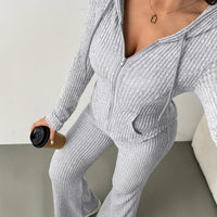 2pcs Set Women's Solid Color Hooded Zipper Top and Casual Trousers