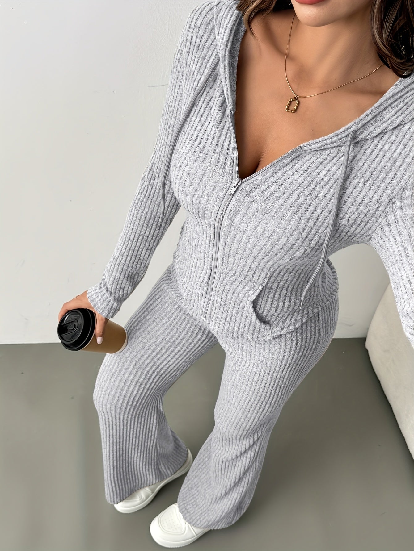 2pcs Set Women's Solid Color Hooded Zipper Top and Casual Trousers