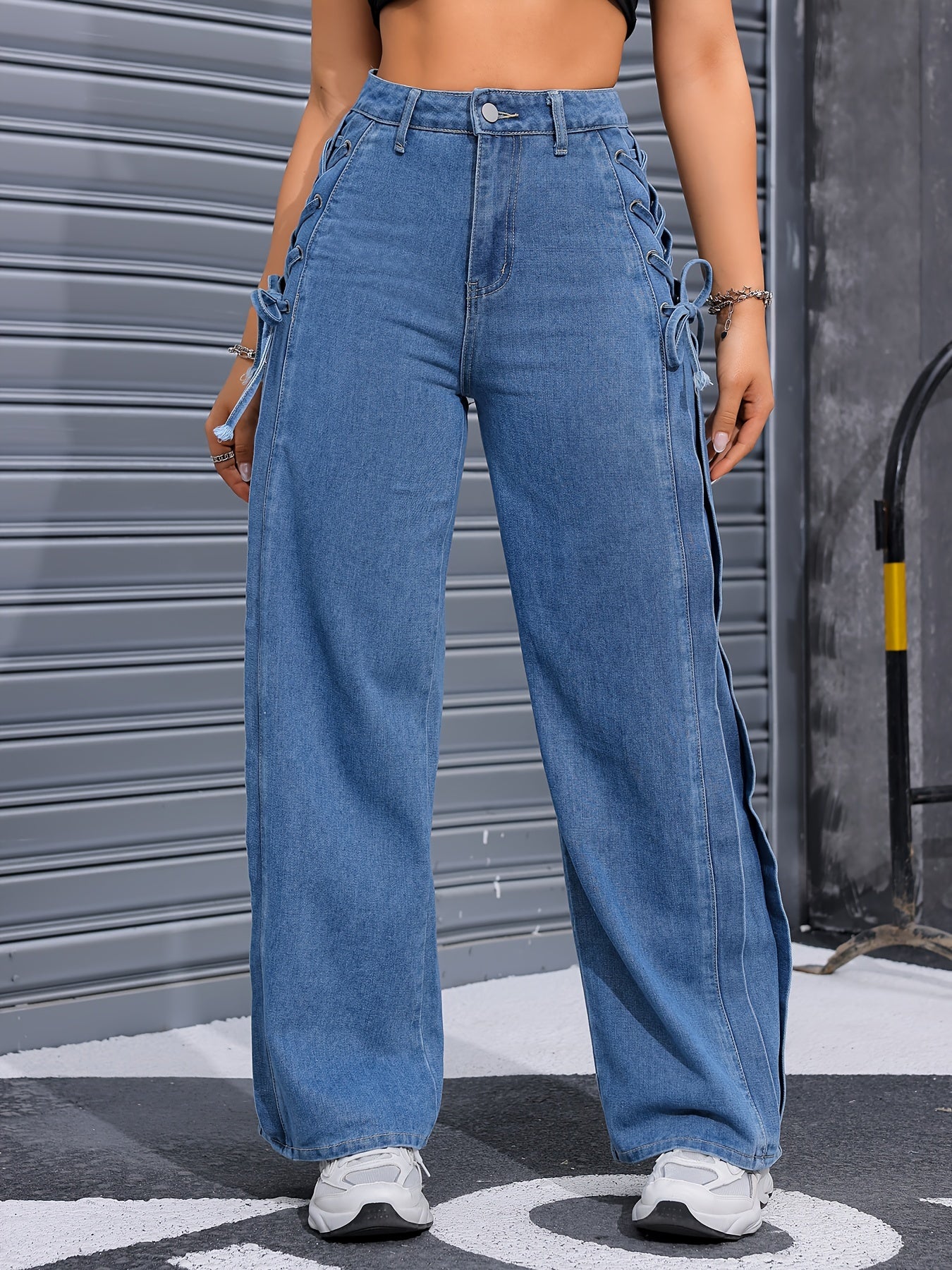 Wide-Leg Streetwear Pants with Lace-Up Tie - Oversized Rayon
