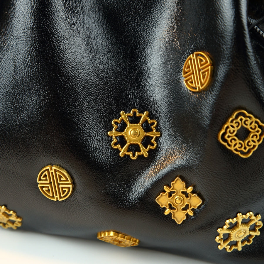 Black Drawstring Bucket Bag | Gold Hardware