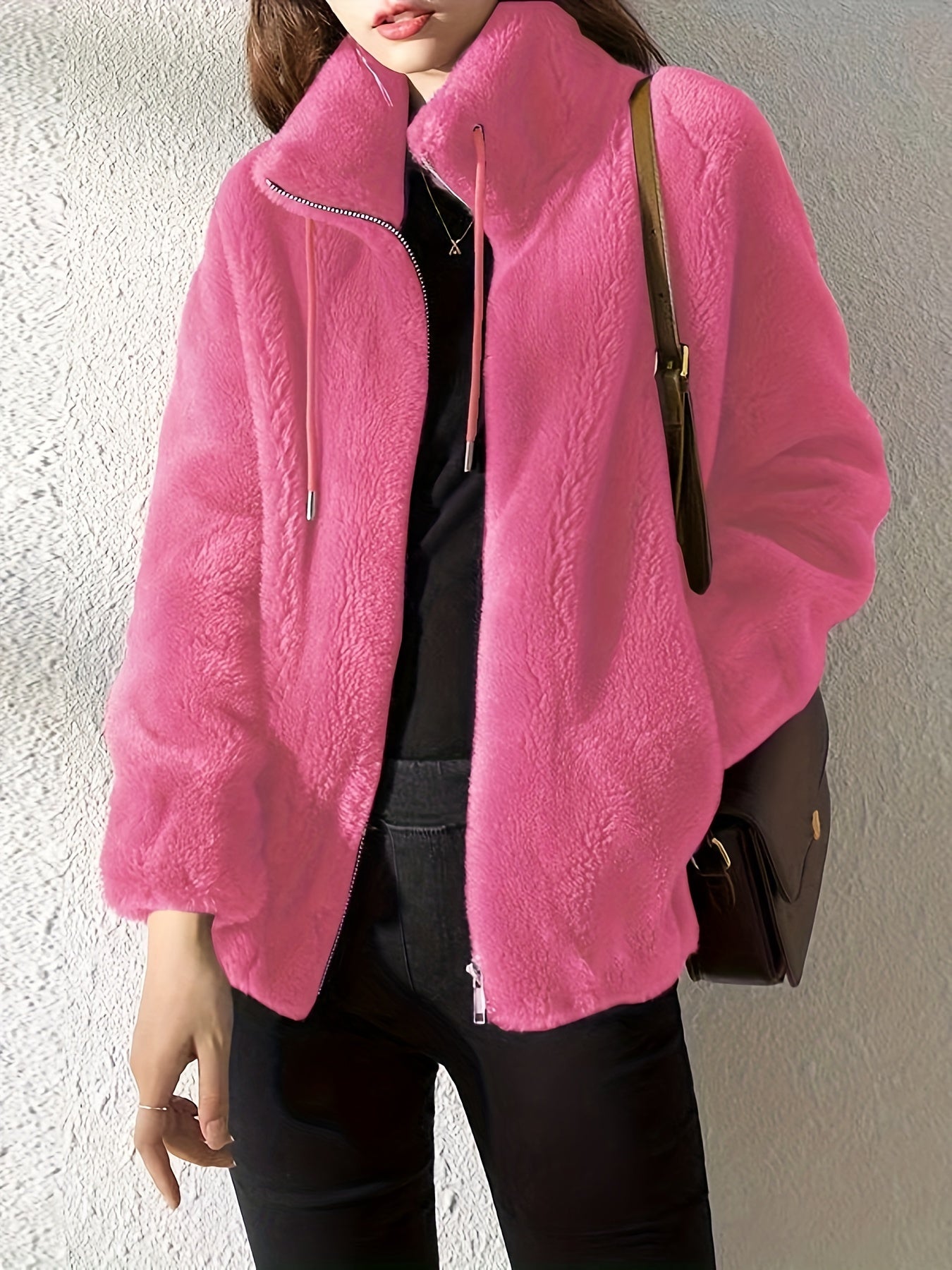 Solid Color Plush Zip-Up Knit Warm Casual Coat