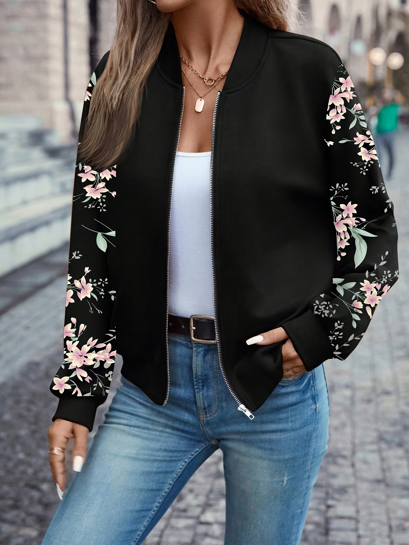 Elegant Floral Print Zip-Up Jacket | Baseball Collar