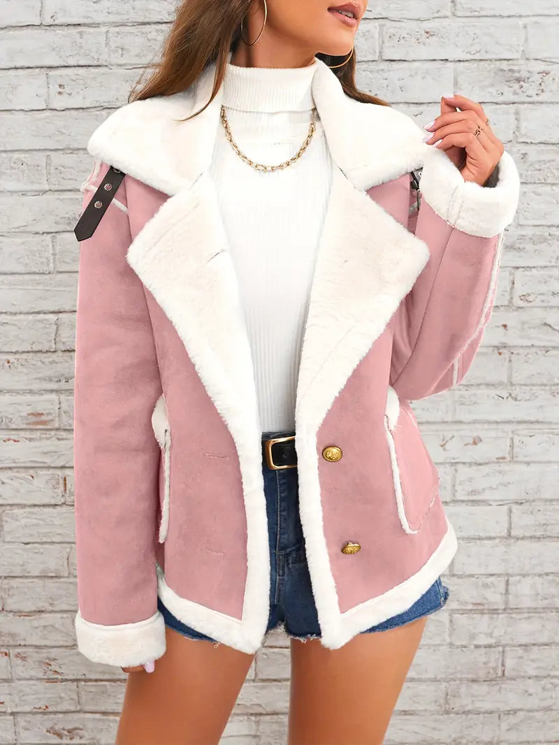 Soft Pink & White Lapel Jacket - Winter Coat