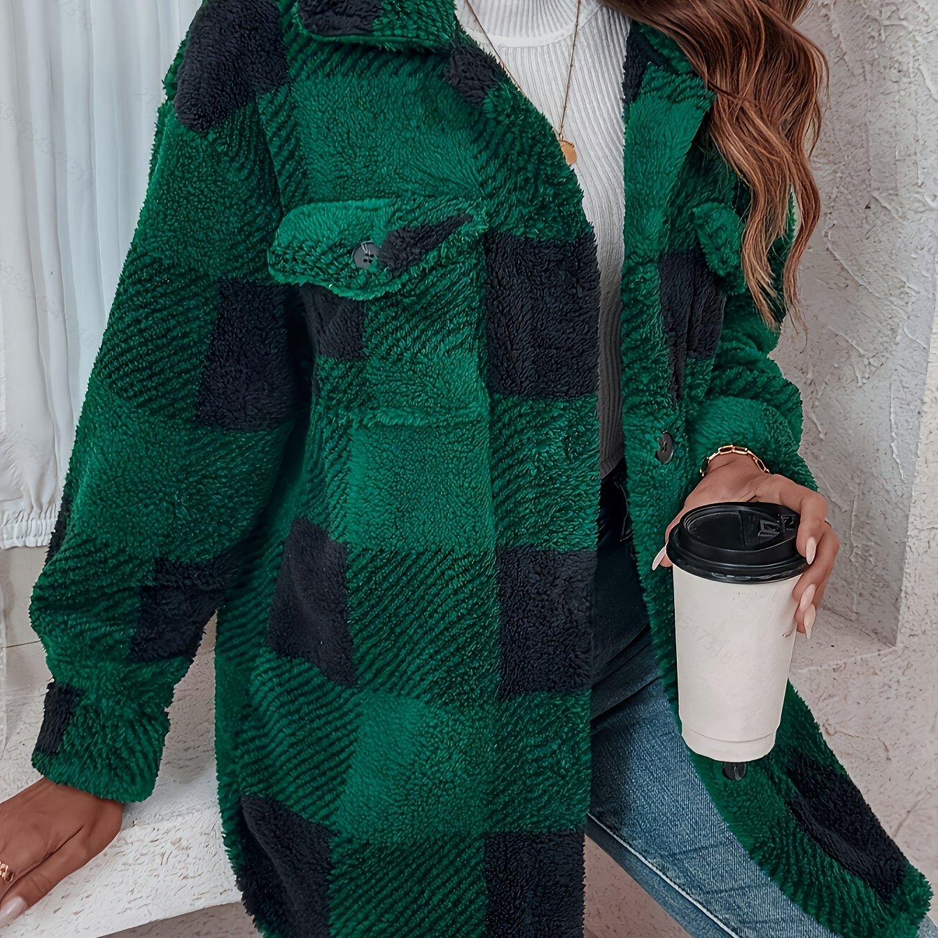 Plush Plaid Winter Coat - High Stretch