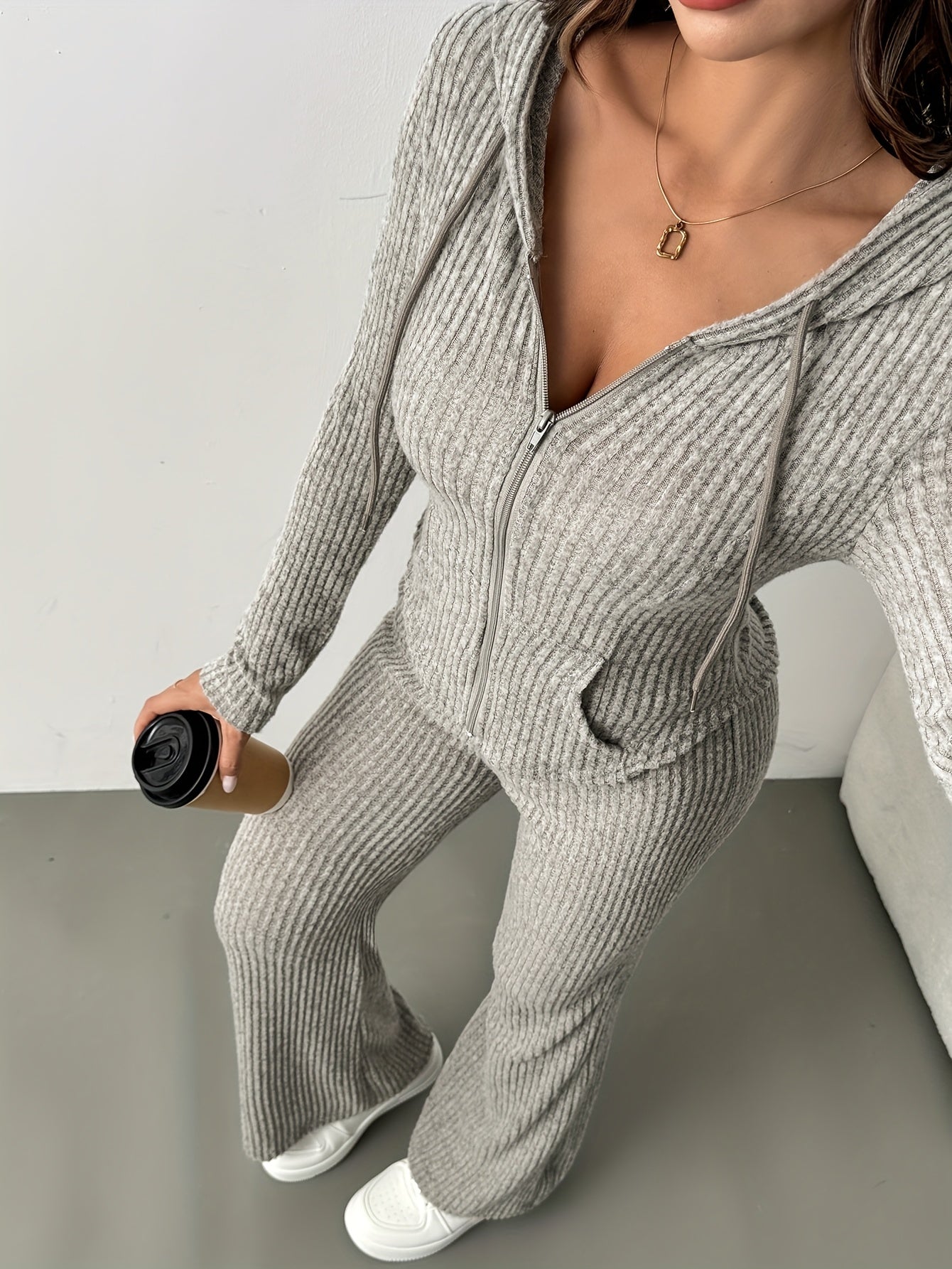 2pcs Set Women's Solid Color Hooded Zipper Top and Casual Trousers