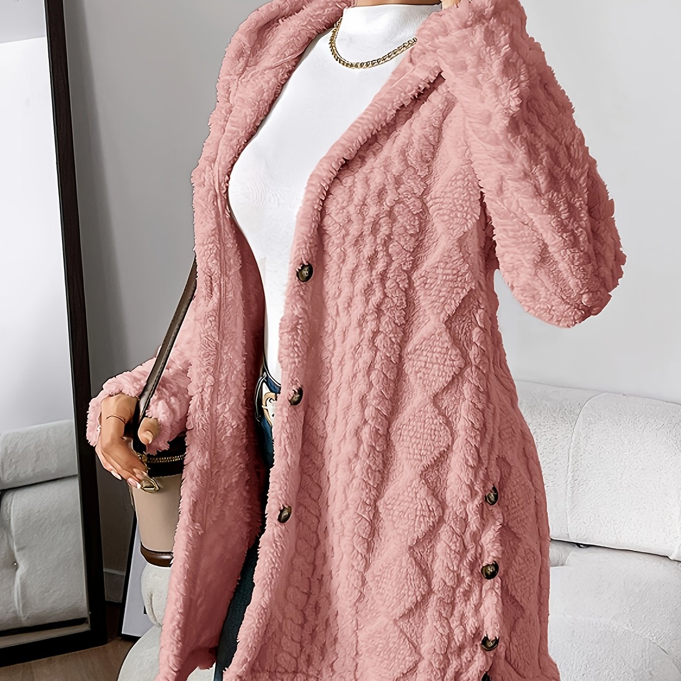 Warm Argyle Jacquard Plush Hooded Cardigan Coat