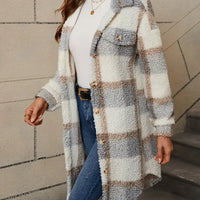Fuzzy Plaid Button | Long Length Lapel Thermal Jacket