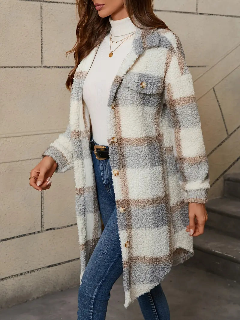 Fuzzy Plaid Button | Long Length Lapel Thermal Jacket
