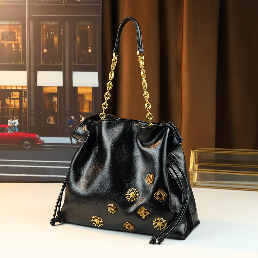 Black Drawstring Bucket Bag | Gold Hardware