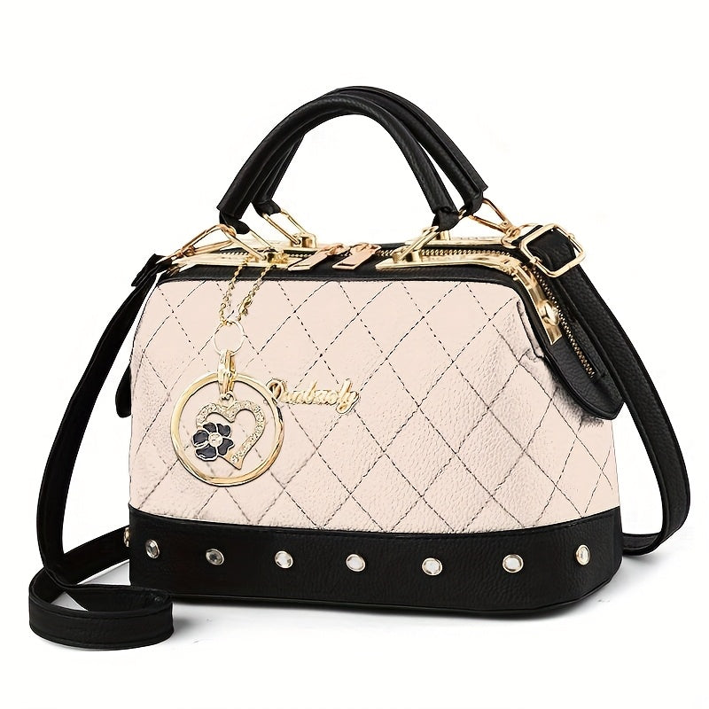 Black Quilted Boston Bag with Heart Charm