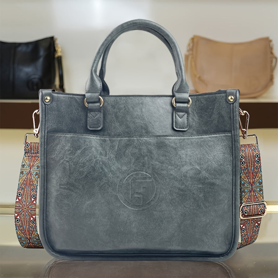 Retro Solid Color Handbag with Wide Boho Strap