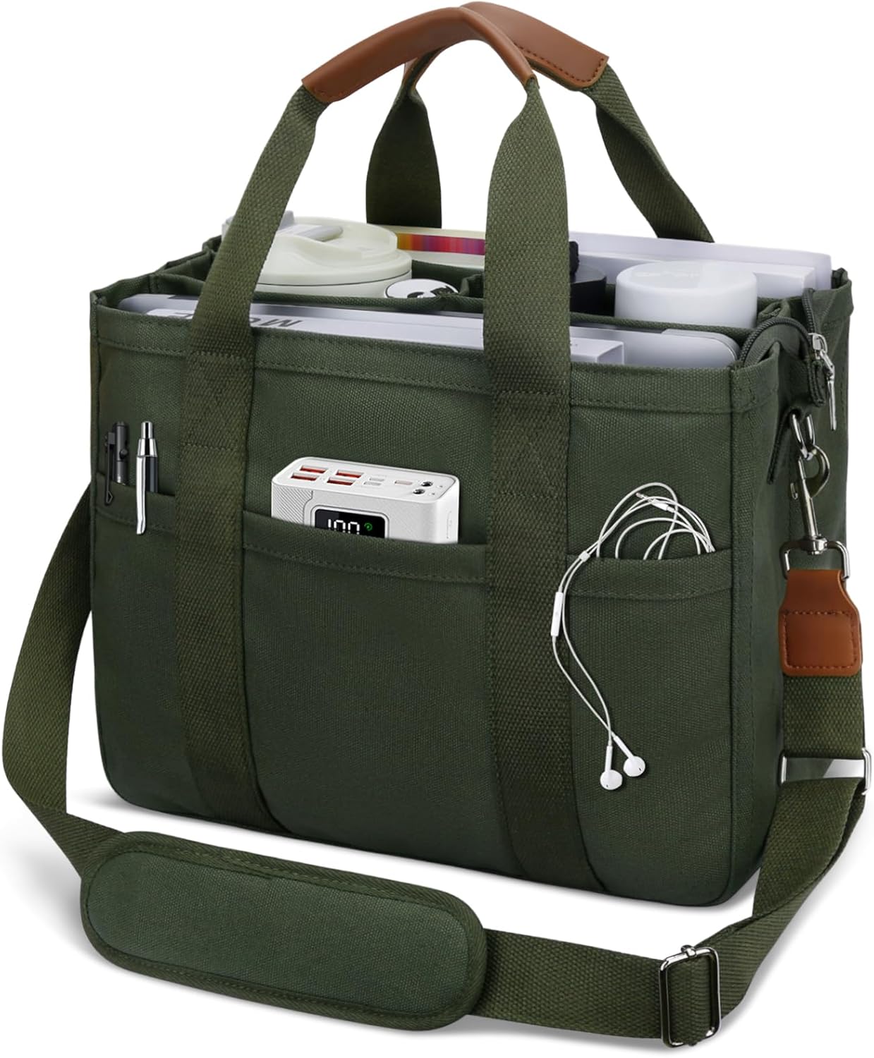 Canvas Crossbody Tote with Pockets