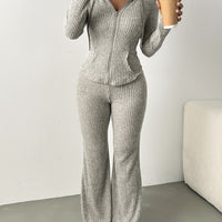 2pcs Set Women's Solid Color Hooded Zipper Top and Casual Trousers