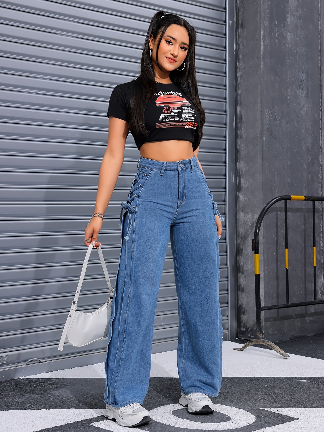 Wide-Leg Streetwear Pants with Lace-Up Tie - Oversized Rayon