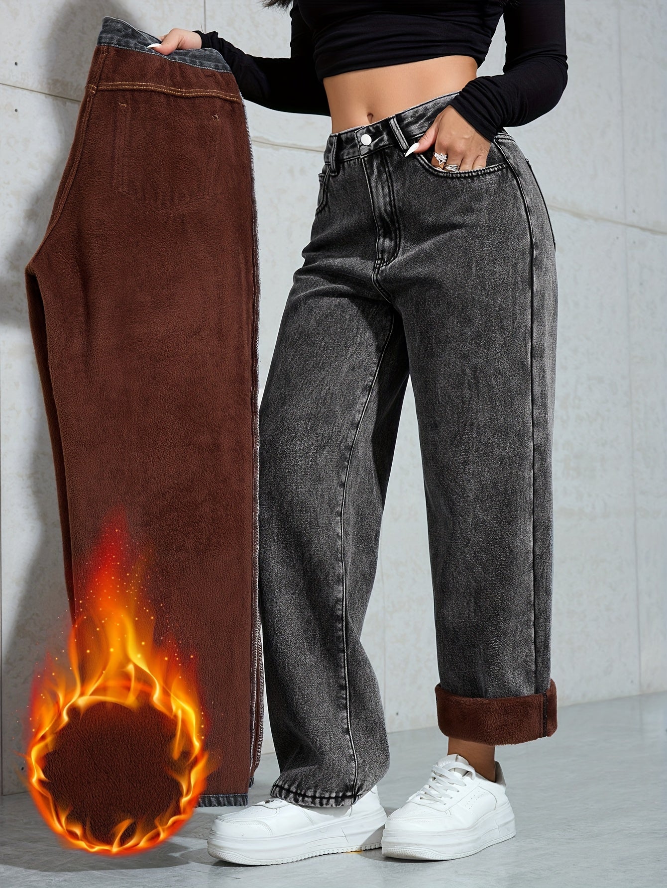 Women's Warm Fleece-Lined Wide-Leg Jeans