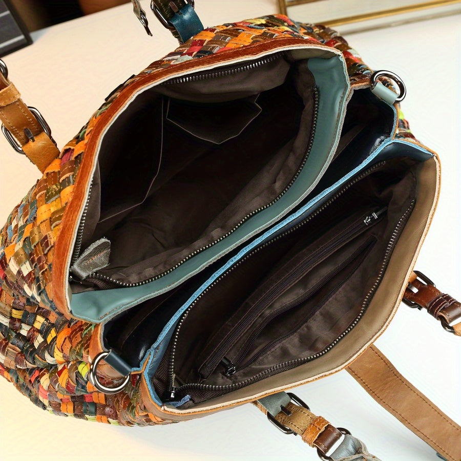 Leather Handbag - Versatile Plaid Tote