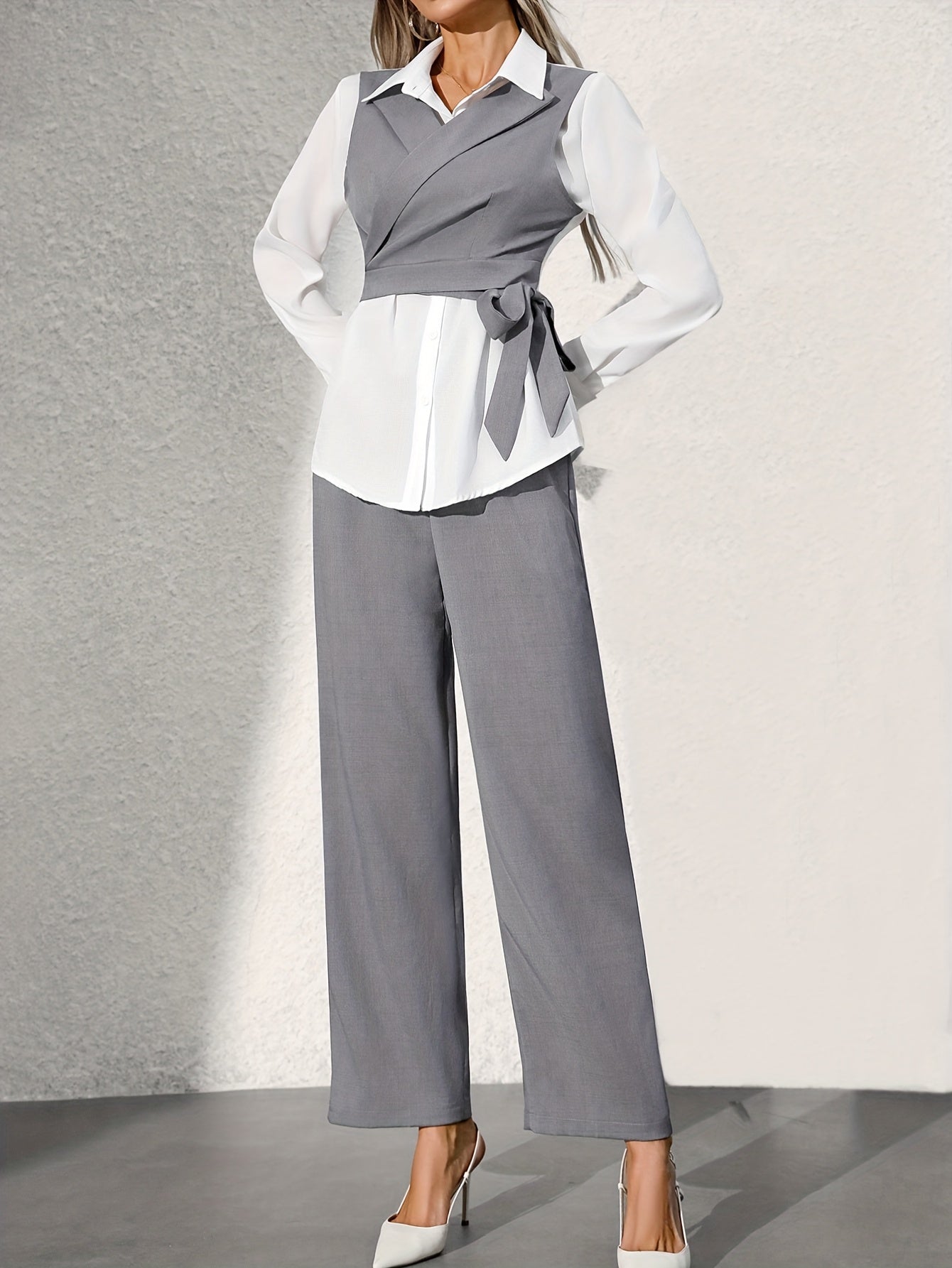 Solid Lapel Collar Pants Suit Set