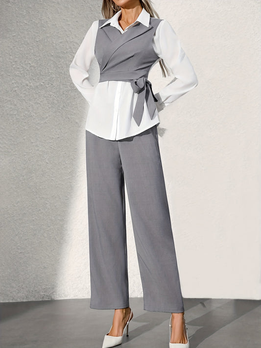 Solid Lapel Collar Pants Suit Set