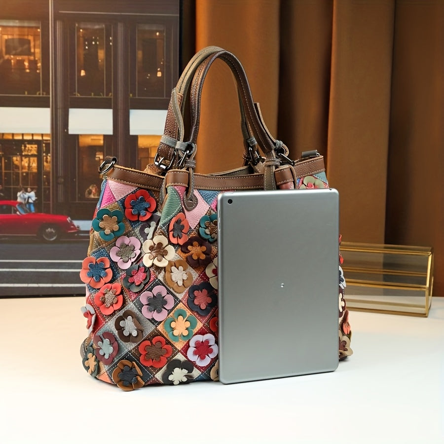 Multicolor Floral Leather Tote Bag with Detachable Strap